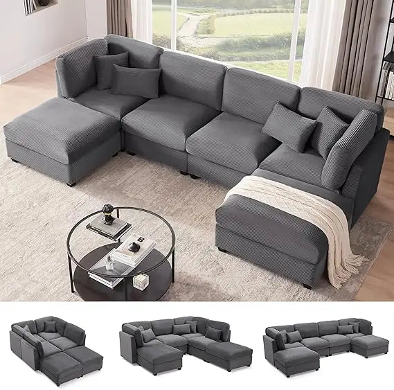 125-inch Extra-large Corduroy Modular Sofa, U-shaped Modular Sofa with Storage Space, 6-seat Convertible Corduroy Sofa