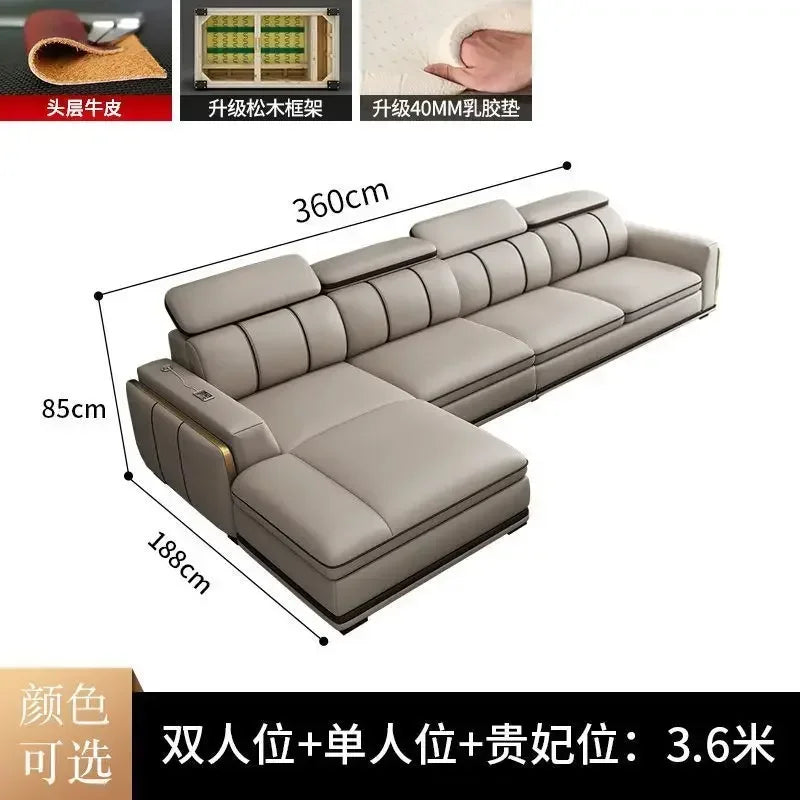 Light luxury first-layer cowhide leather sofa, living room size, straight row concubine combination household leather sofa