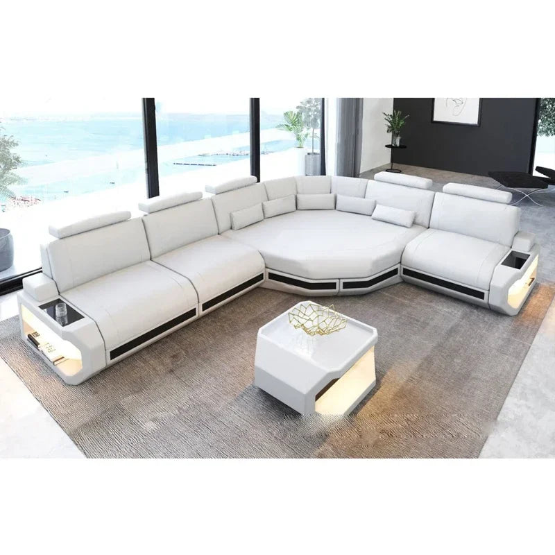 Modern Living Room Furniture L Shape Corner LED Leather Sofa with app control