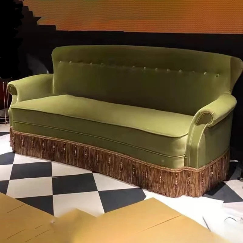 American single and double three people, small apartment retro, pull button tassel, living room high back fabric sofa