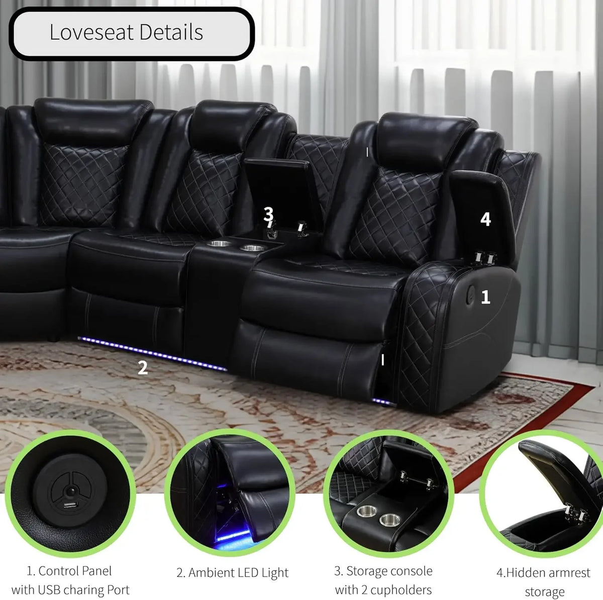 Power Recliner Sofa Sectional Sofa with LED Light for Living Room, Air Leather Reclining Corner Sectional Sofa Set