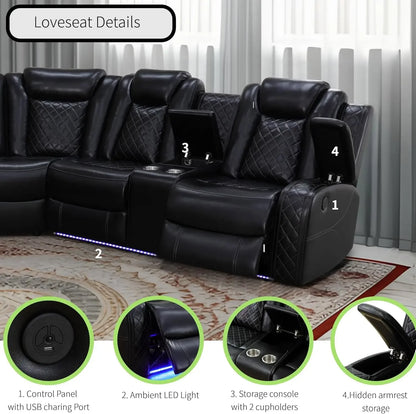 Power Recliner Sofa Sectional Sofa with LED Light for Living Room, Air Leather Reclining Corner Sectional Sofa Set