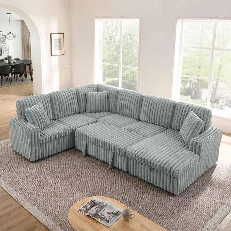 Grey Corduroy Striped Upholstered Sofa, Modern Minimalist U-shaped Sectional Sofa with Pull-out Bed & Storage Chaise, Soft and