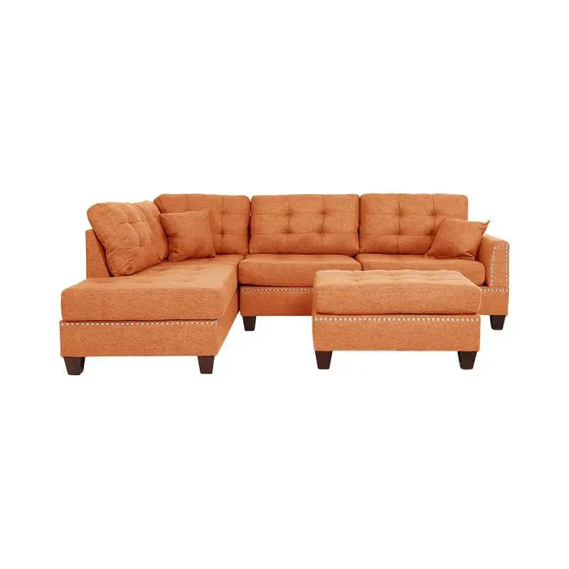 Modern Citrus 3-Piece Sectional Sofa with Reversible Chaise and Ottoman, Tufted Polyfiber Cushion, Includes Pillows for Living