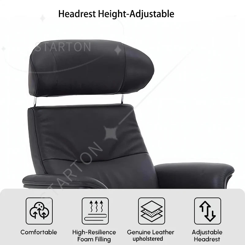 Modern Reclining Swivel Lounge Chair, With Walnut Black Genuine Leather, Ottoman Included