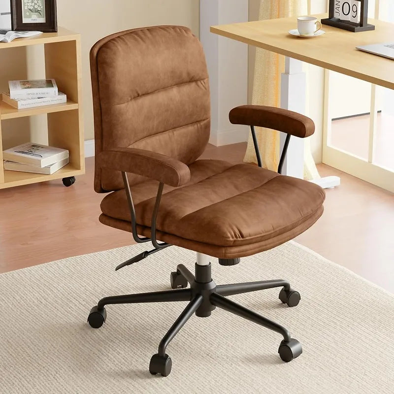 Modern Brown Office Chair，Mid-Back PU Leather Desk Chair with Comfy Arms and Lumbar Support for Small Spaces