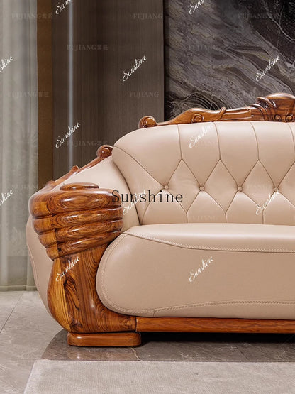 European leather sofa solid wood carving flower high-end luxury corner princess combination