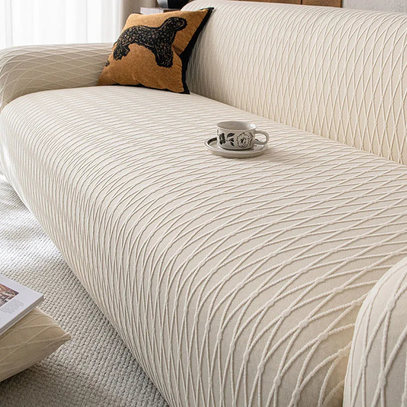 High-End Solid Stretch Sofa Cover Diamond Grid Jacquard Elastic Couch Slipcover Easy-Care Furniture Protector for Living Room