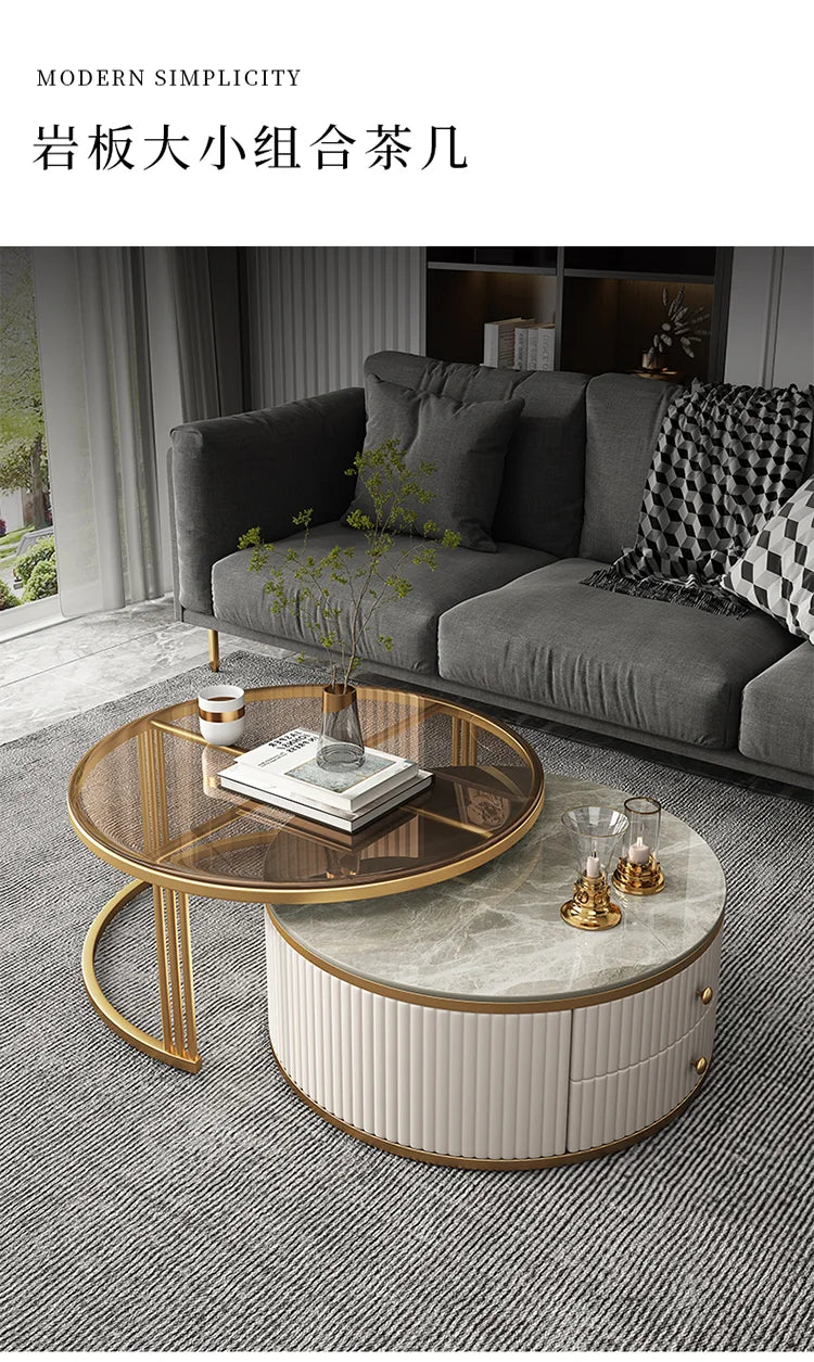 Light Luxury Stone Plate round Tea Table Small Apartment Modern Living Room Glass Coffee Table Living Room Home