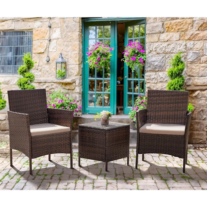 3-Piece All-Weather Rattan Outdoor Furniture Set with Tempered Glass Table for Patio and Bistro