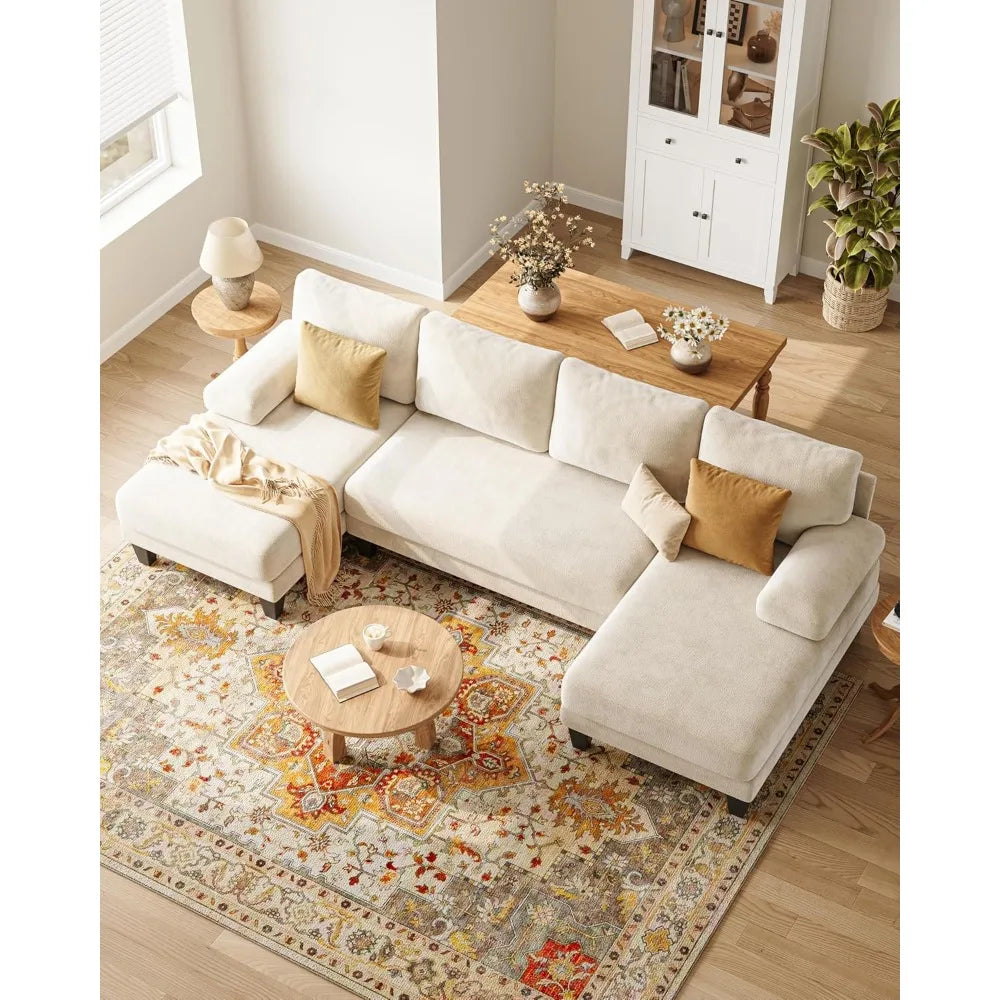 u-shaped sectional couches for living room | 112 inch sectionals couch | beige cheille sofa with double chaise for apartment