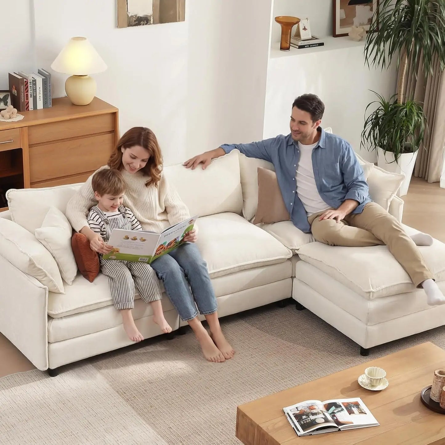 108" L-Shaped Chenille Cloud Sectional Sofa, Deep Seat Modular Couch with Movable Ottoman, Customized