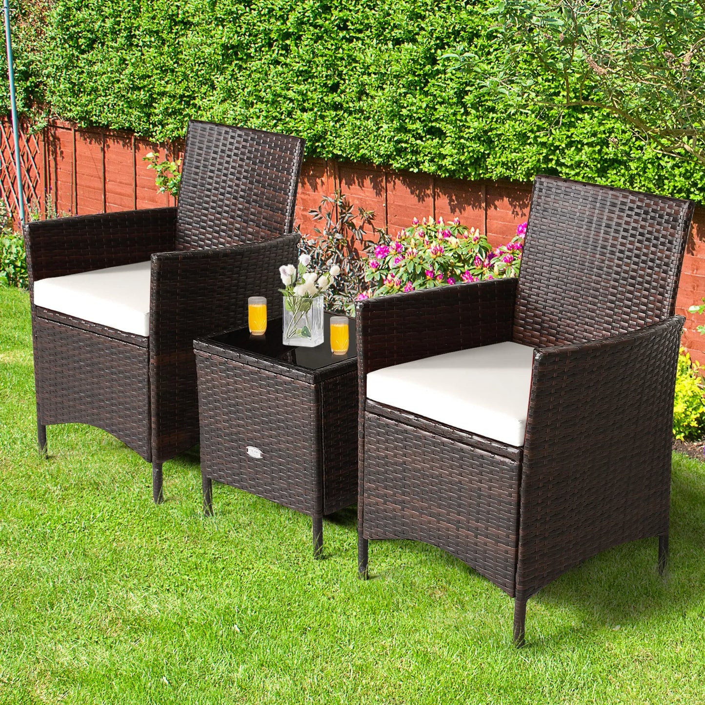 Garden Furniture Sets3PCS Rattan Patio Furniture Set with White Cushions for Outdoor Use
