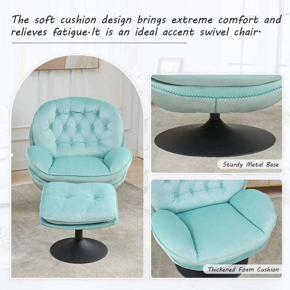 Swivel Accent Chair with Ottoman Set, Velvet Modern Lounge Chair with Metal Base Frame & Footrest, Comfy Lazy Single Leisure Arm