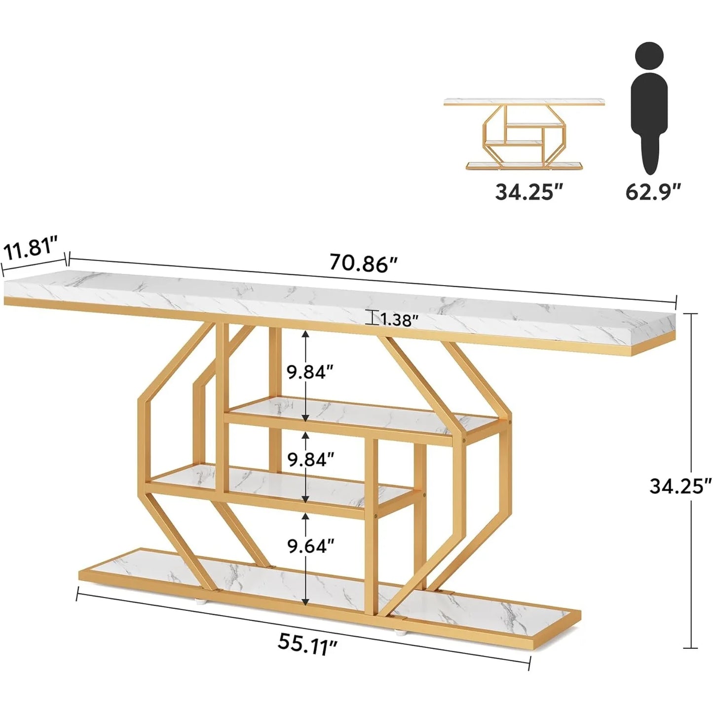 LITTLE TREE 70.9 inch Extra Long Console Table, Gold Sofa Table Behind Couch with Storage for Living Room, Hallway, Entrance