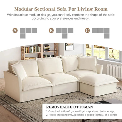 L-Shaped Modular Sectional Sofa Removable Slipcover Cloud 3-Seater Movable Ottoman Chenille Living Room Customized
