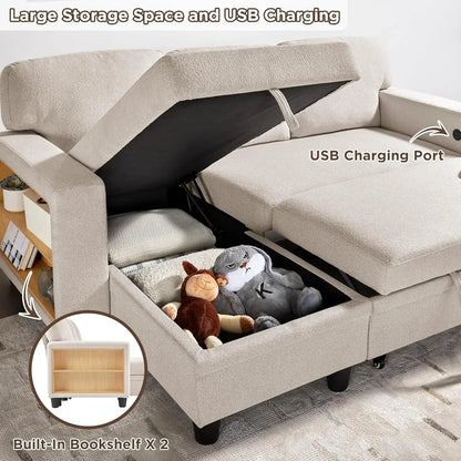 80” Sleeper Sofa Bed,L-Shaped Convertible Sectional Couch with Storage Chaise,2 Built-in Bookshelves and USB Charging Port