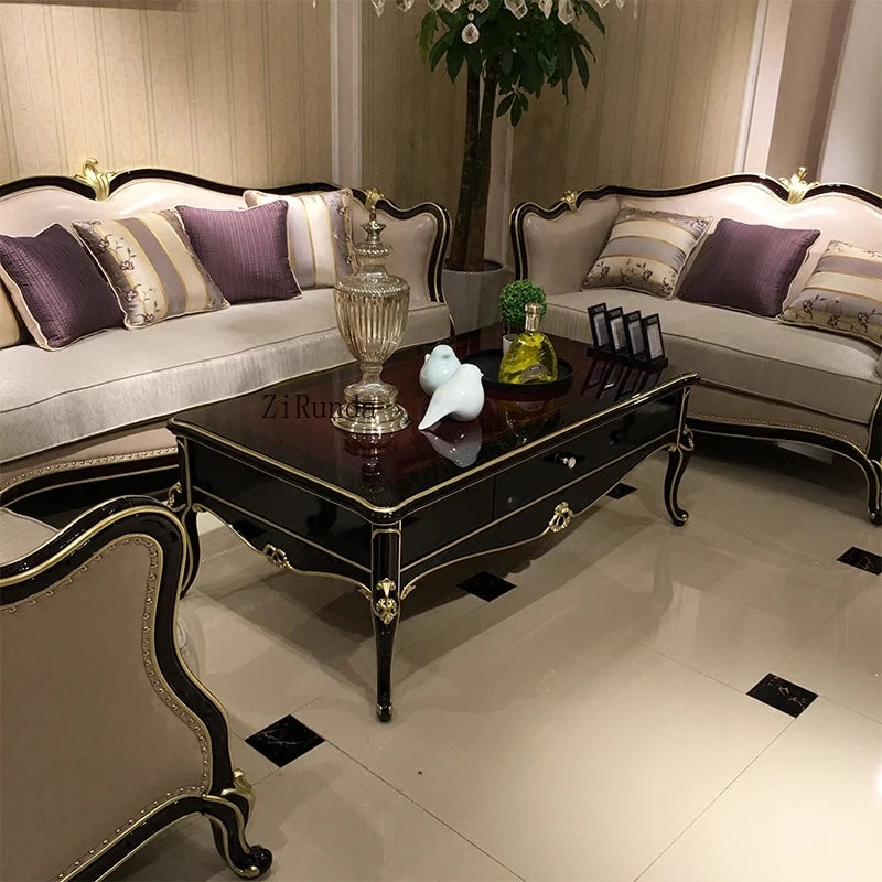 Living room coffee table Luxury solid wood carved living room coffee table side table Ebony color complete furniture