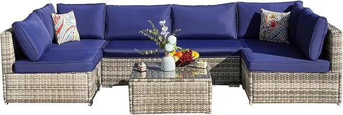 7Pieces Patio Furniture Set - All-Weather Outdoor Wicker Sectional Conversation Sofa, Rattan Patio Seating Sofa Set with Cushion