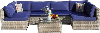 7Pieces Patio Furniture Set - All-Weather Outdoor Wicker Sectional Conversation Sofa, Rattan Patio Seating Sofa Set with Cushion