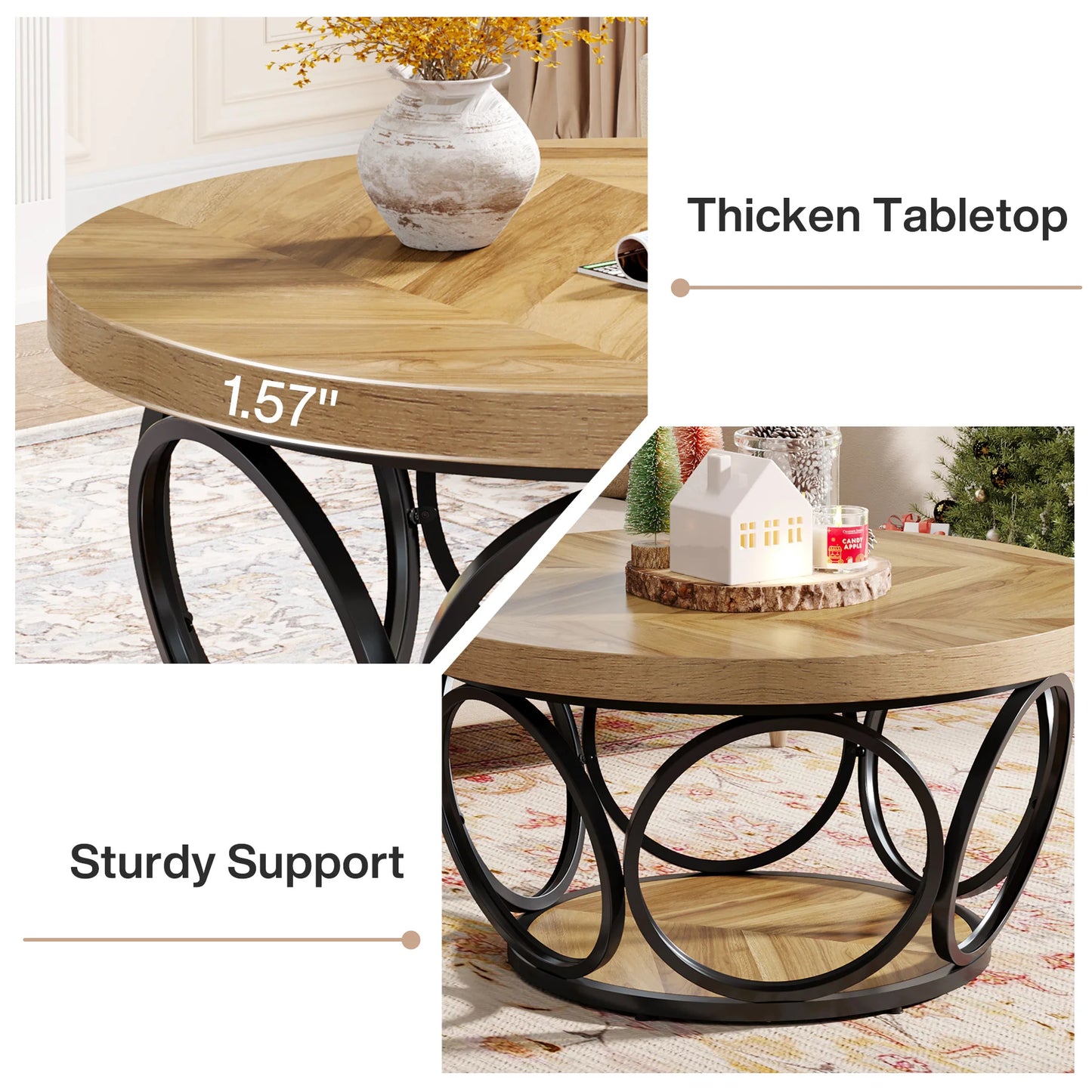 Tribesigns 31.7" Round Coffee Table, Industrial 2-Tier Circle Coffee Table with Storage Shelves, Modern Wooden Sofa Side Table