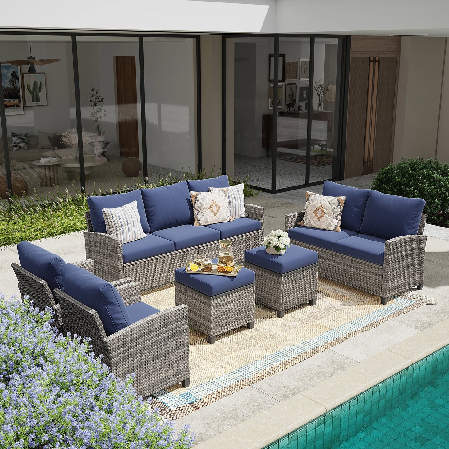 6 Pieces Outdoor Patio Furniture Set, Wicker Sectional Sofa Patio Conversation Set Couch with Ottomans for Outside Backyard Porc