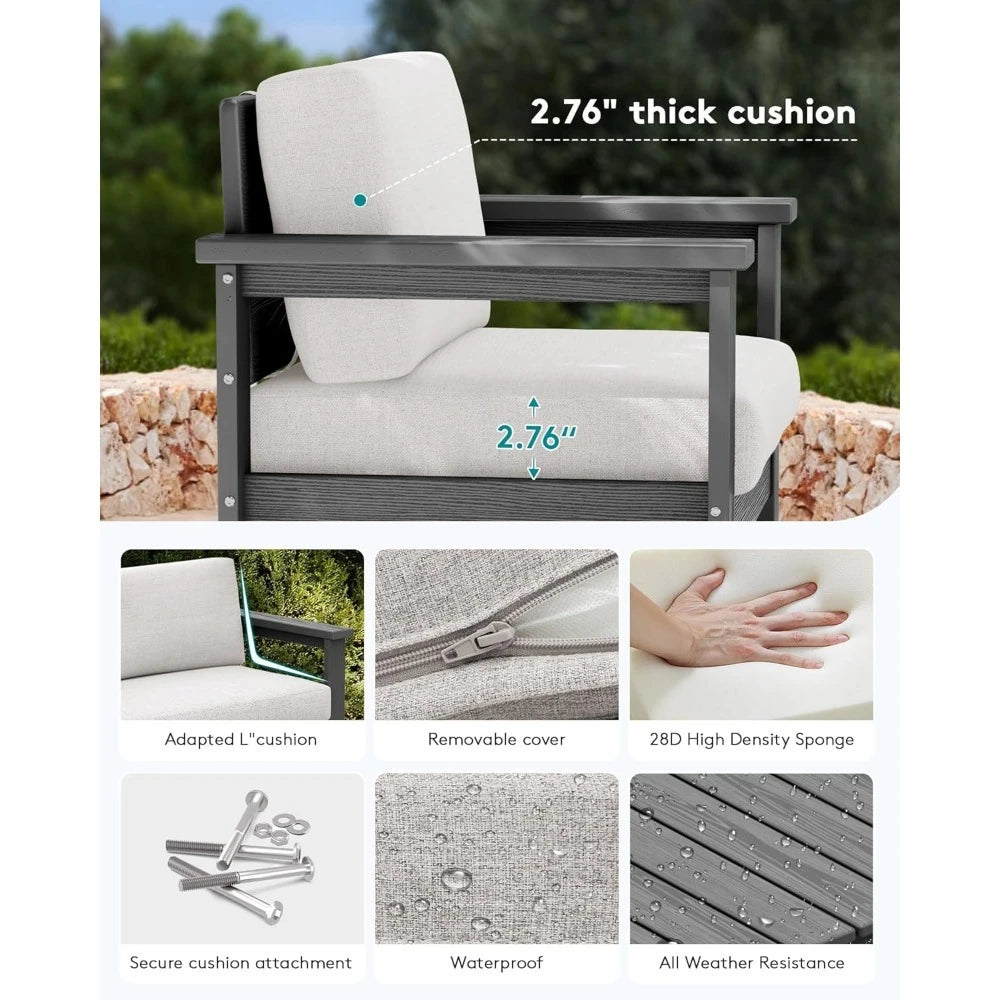 5 Pieces HDPE Outdoor Sofa Set with Cushions, All Weather Use Patio Conversation Couch Loveseat Furniture with Coffee Table for