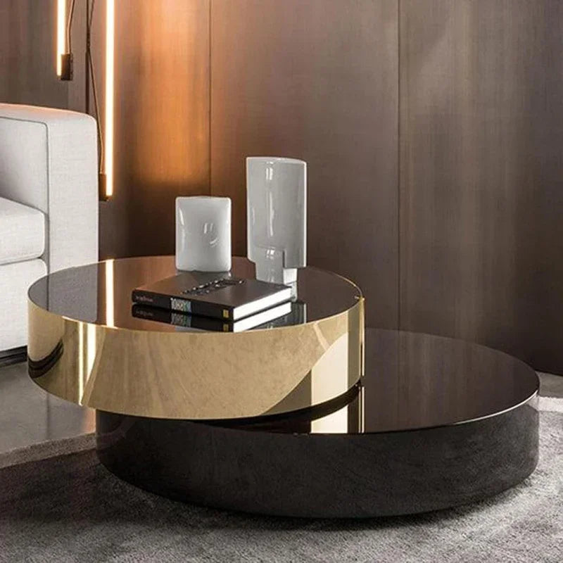 high end round coffee table double modern luxury stainless steel brass rotating black and gold coffee table