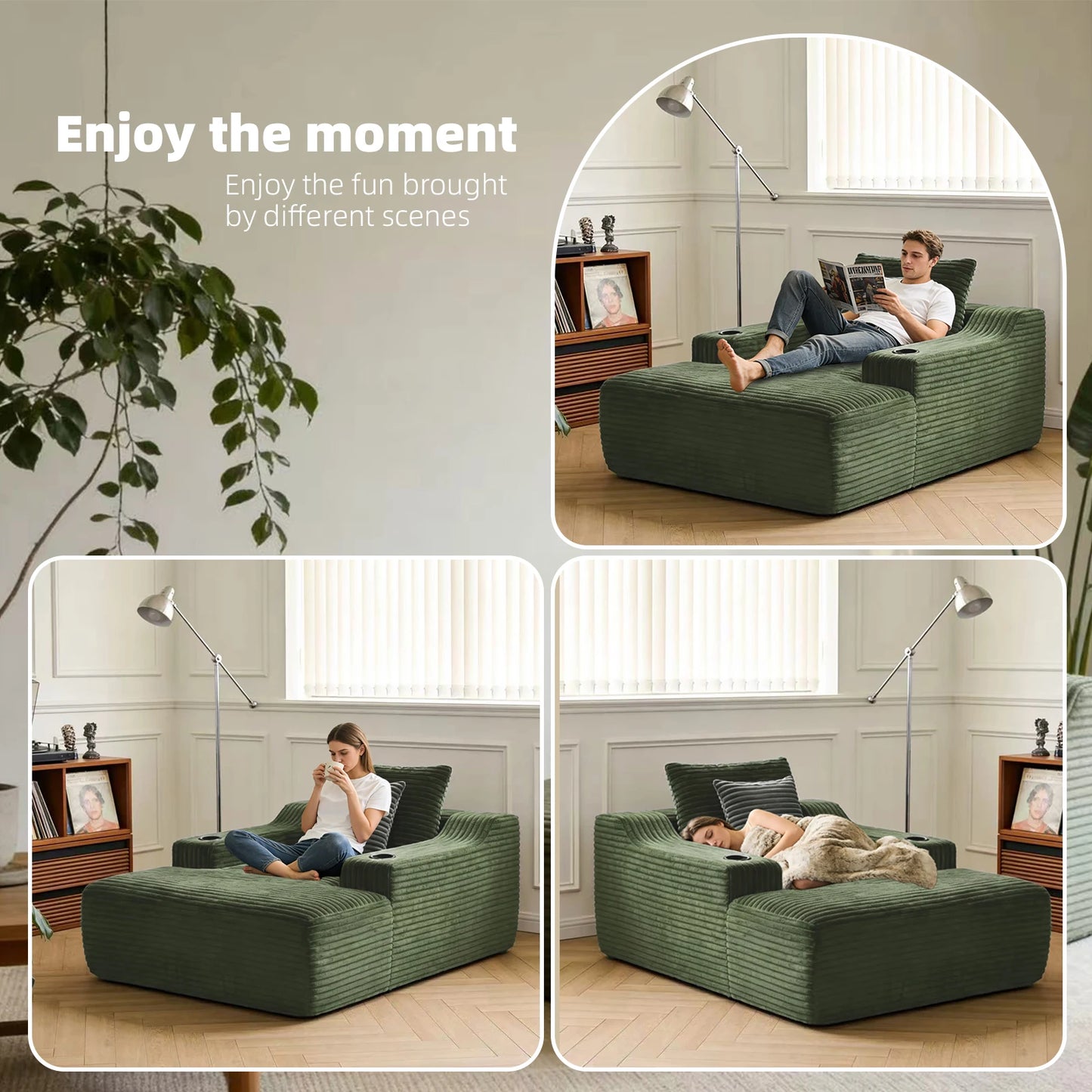 67 Inch Chaise Lounge Chair Indoor, Oversized Corduroy Upholstered Boneless Sofa Bed, Cloud Sofas Couches for Living Room