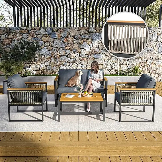4 pieces outdoor patio furniture set, modern metal balcony furniture with plastic-wood coffee table, all-weather patio conversa