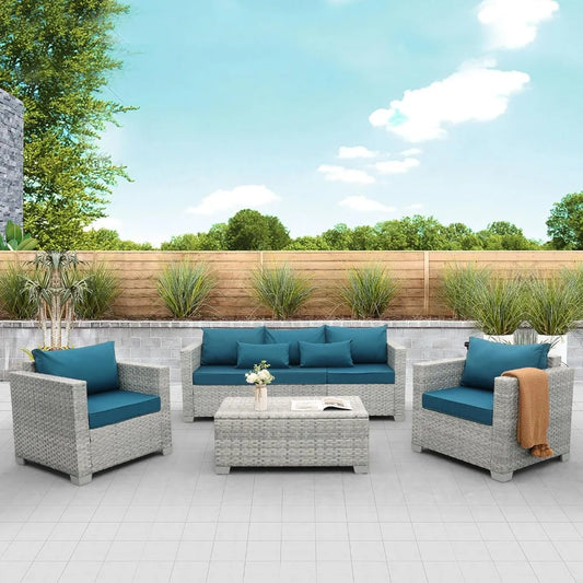 4-Piece Wicker Patio Furniture Set, PE Rattan Sectional Sofa with Storage Table, All-Weather Outdoor Conversation Sets.