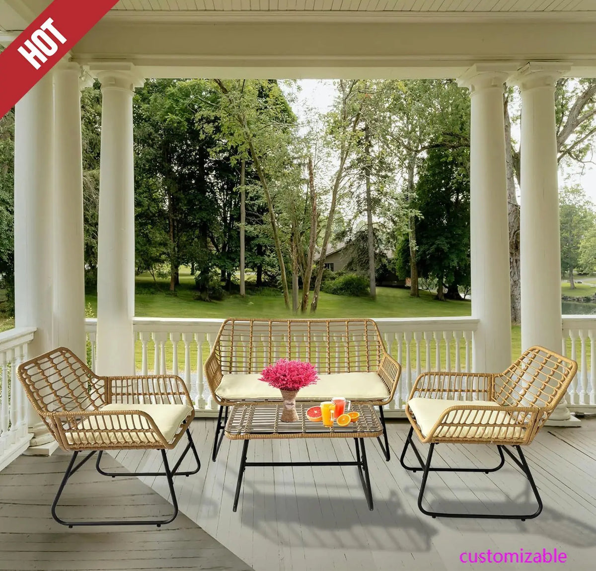 4-Piece Rattan Patio Furniture Set,Wicker Conversation Set for Garden,Porch,Yard and Poolside with White Soft Cushions