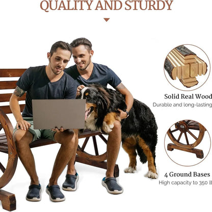 Country style wooden wheeled outdoor chair, patio bench with slat seating for 2 people, outdoor garden bench