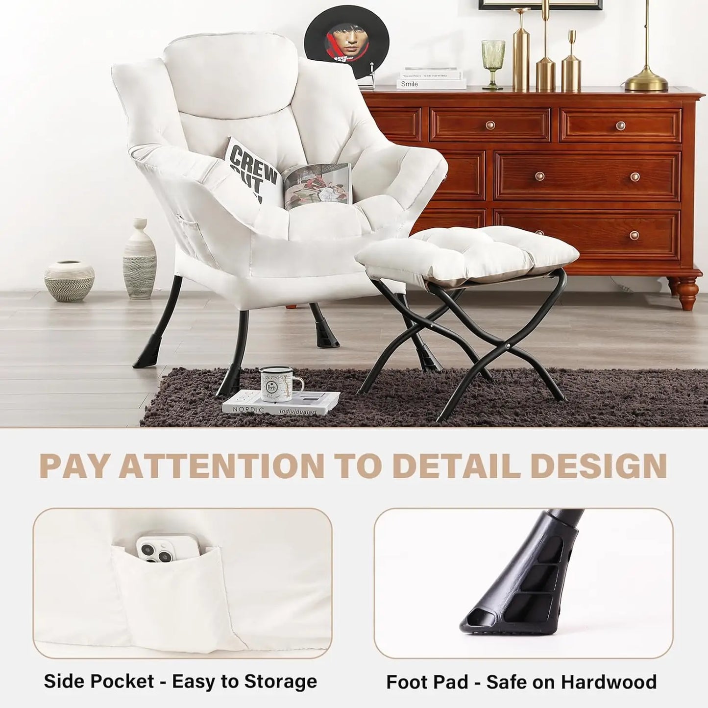 Modern Lazy Chair with Ottoman, Large Velvet Accent Lounge Armchair, Comfy Reading Chair with Footrest for Living Room, Bedroom