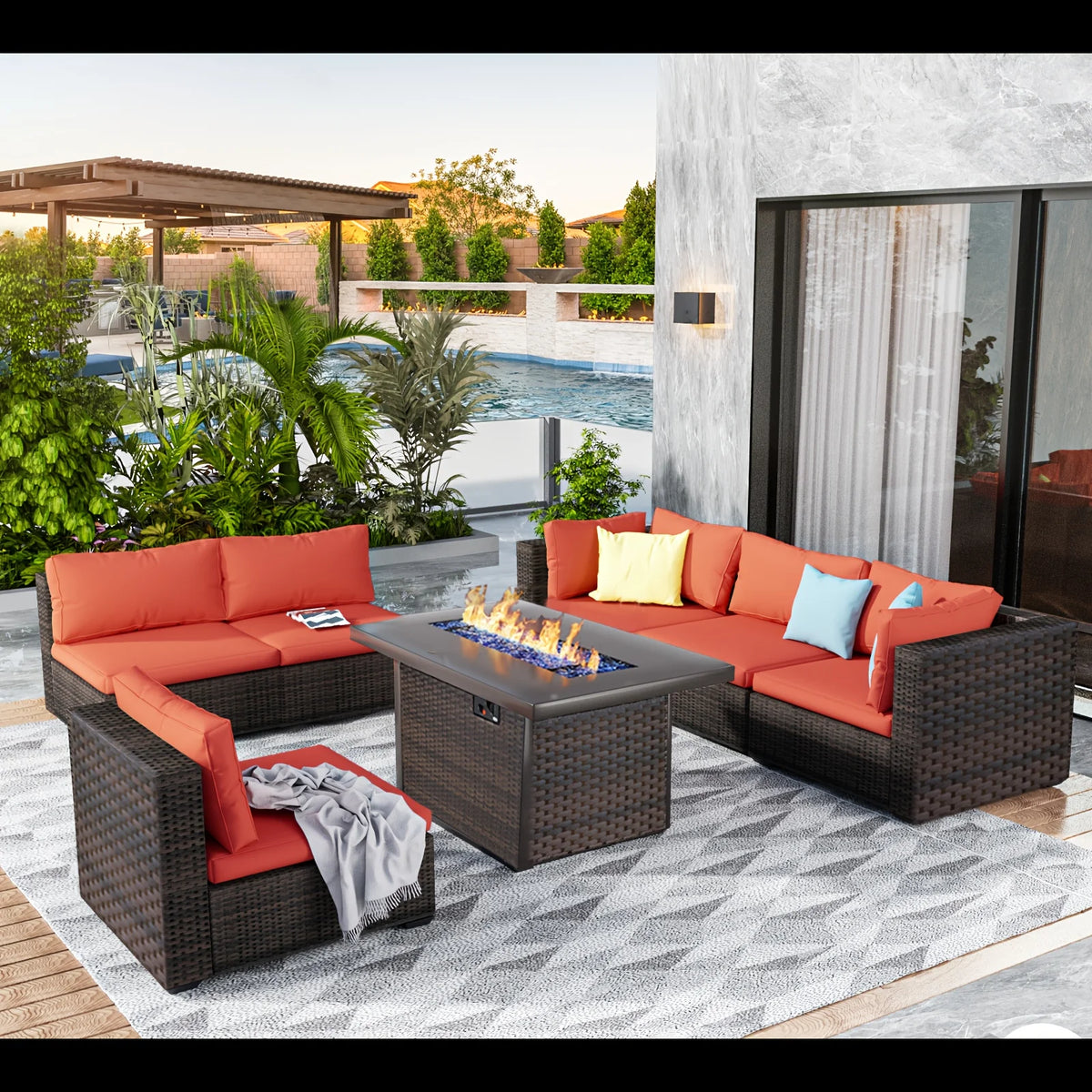 7 Pieces Outdoor Sectional Patio Furniture Set With Fire Pit Table Rattan Wicker Patio Sectional Conversation Set With Cushions