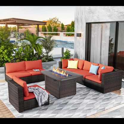 7 Pieces Outdoor Sectional Patio Furniture Set With Fire Pit Table Rattan Wicker Patio Sectional Conversation Set With Cushions