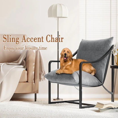 Mid-Century Modern Sling Accent Chair, Comfy Fabric Living Room Chairs with Heavy Duty Metal Frame, Lounge Reading Armchair