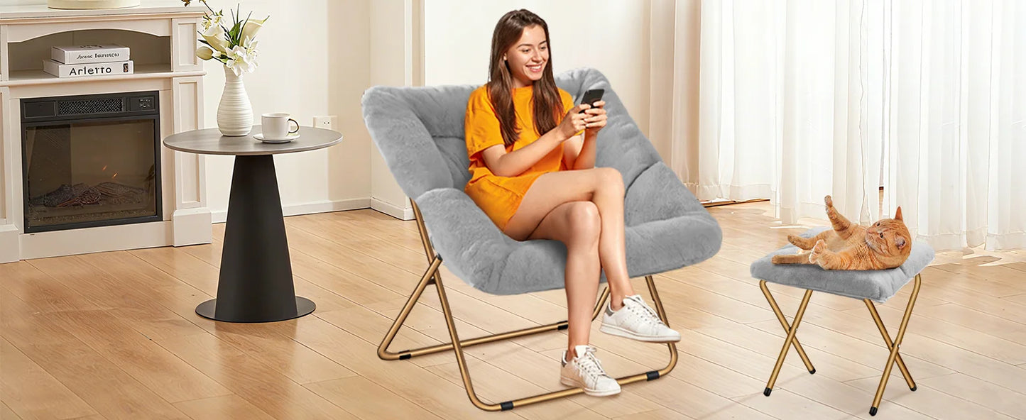 Comfy Saucer Chair, Foldable Living Room Chairs, Soft Faux Fur Lounge Chair For Bedroom, Reading Chairs For Adults