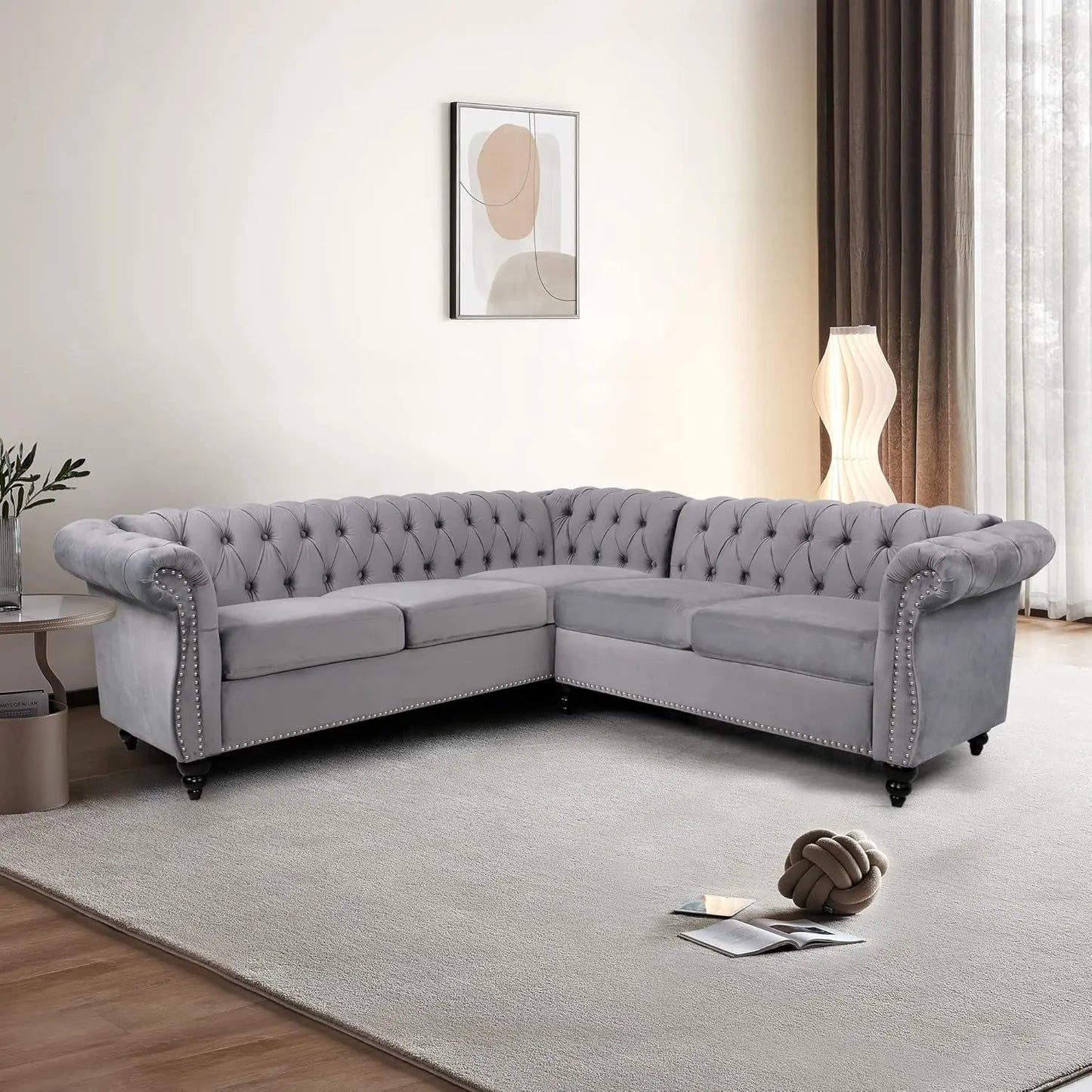 L-Shaped Sofa, Sectional Chesterfield Couch 5-Seater Velvet Upholstered Small Accent Tufted Sofa with Rolled, Customized