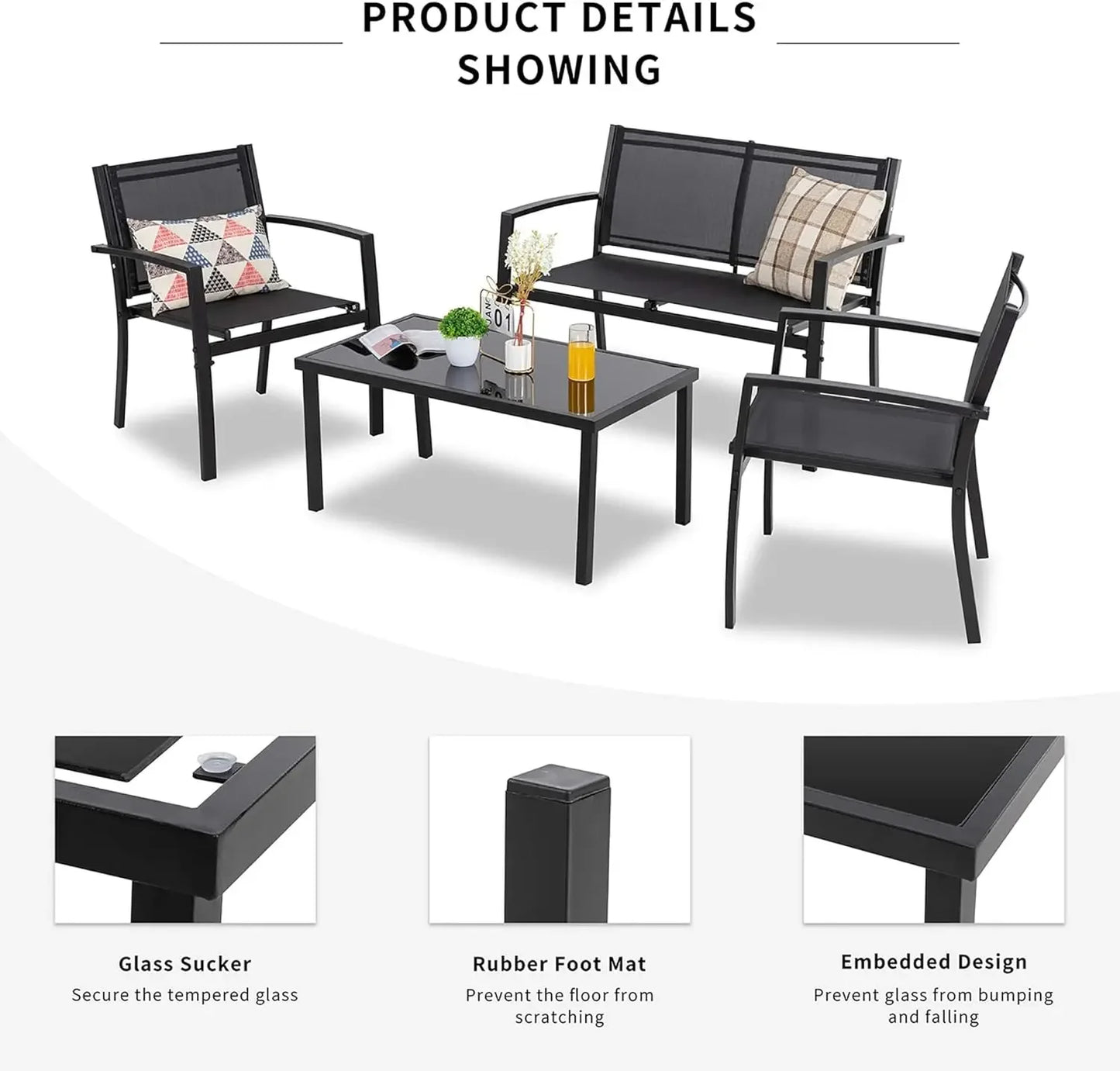 Curated Design 4 Pieces Patio Furniture Set All Weather Textile Fabric Outdoor Conversation Set, with Glass Coffee Table, Lov