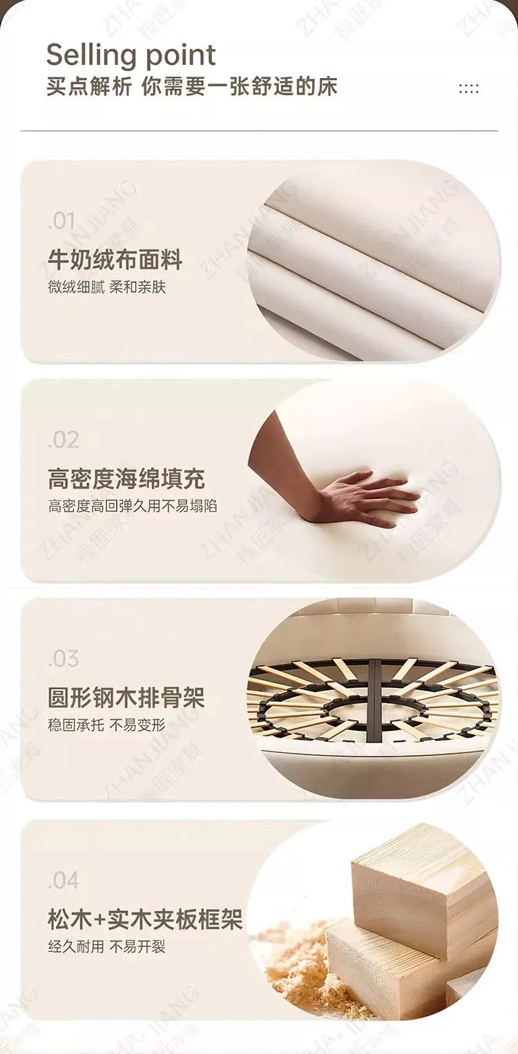 Bedroom Furniture Fabric Cream Style Double Wedding Bed Modern 200 X 200 Home Hotel Design Round Bed King Size Wooden Wood