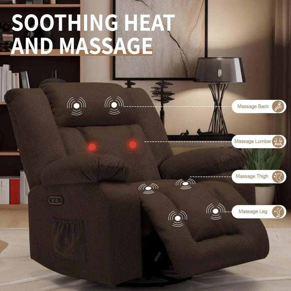 Electric Recliner Chair with Massage & Heating, Swivel Rocking Recliner for Living Room, Oversized Comfort with Side Pockets