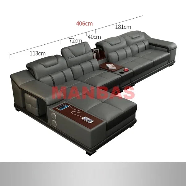 L-Shaped Modern Sectional Sofa Set with Chaise, Genuine Leather Reclining Couch with USB Charging Ports & Cup Holders, Couch Set