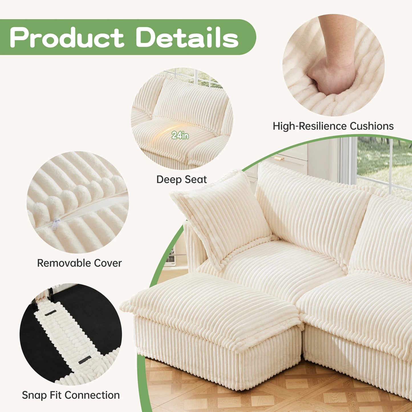 Comfortable modern three seater sofa with soft armrests, deep seated sofa with multiple soft large pillows