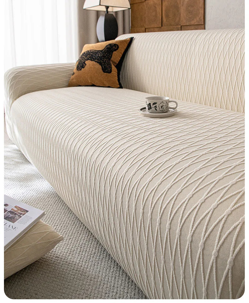 High-End Solid Stretch Sofa Cover Diamond Grid Jacquard Elastic Couch Slipcover Easy-Care Furniture Protector for Living Room