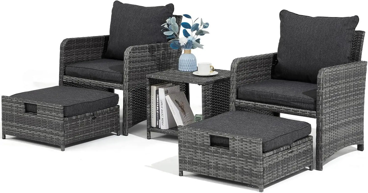 Wicker Patio Furniture Set, Balcony Furniture with Ottoman & Side Table for Lawn Pool Garden (Grey&Grey Rattan)