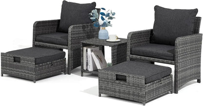Wicker Patio Furniture Set, Balcony Furniture with Ottoman & Side Table for Lawn Pool Garden (Grey&Grey Rattan)