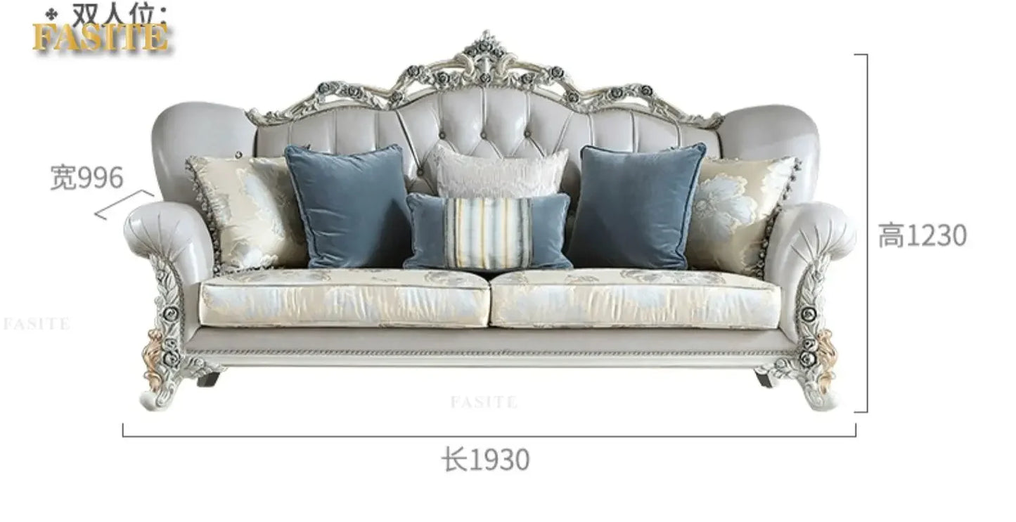 French light luxury living room large apartment first layer cowhide European solid wood carving flower three sofa combination