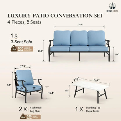 Furniture 4 Piece Patio Furniture Set, 2 X Metal Frame Cushioned Chair, 3-Seat Sofa With Marbling Coffee Table, All Weahter Oout