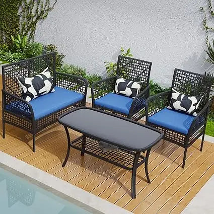 4 Pieces Patio Furniture Set, Outdoor Small Seating Conversation Sets Include Wicker Loveseat Sofa PE Rattan Chairs with Coffee